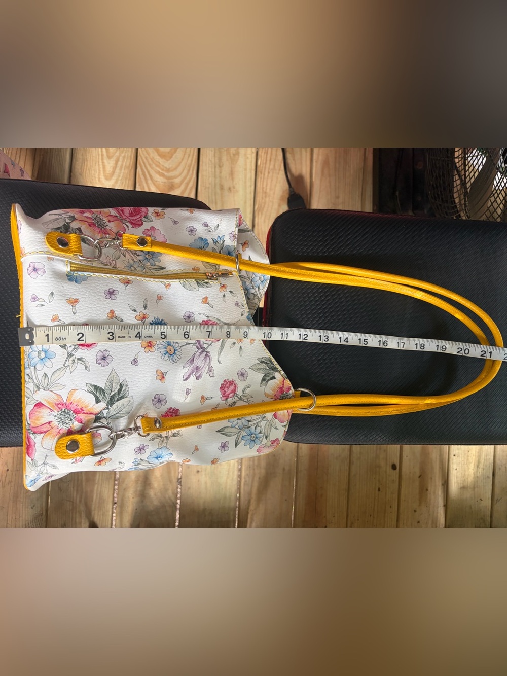 White Floral Shoulder Bag with Yellow Handles - Picture 7 of 15